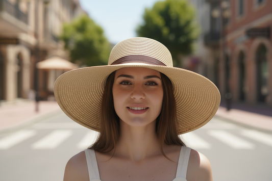 Wide-brimmed straw hat with two-tone design on a white surface with blue background