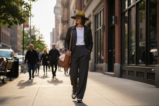 A fedora hat with a yellow crown and a black flat brim.