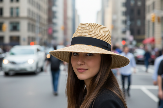 Straw hat with a black band on a white background