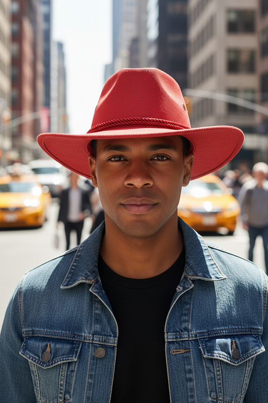 Red cowboy hat with a braided band on a white background