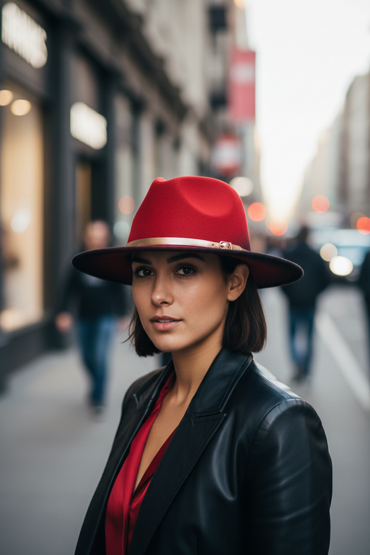 Red fedora hat with a black brim and gold band on a white background