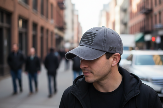 Washed military green baseball cap with 'USA' text and camouflage pattern on the front panel, with a distressed design.