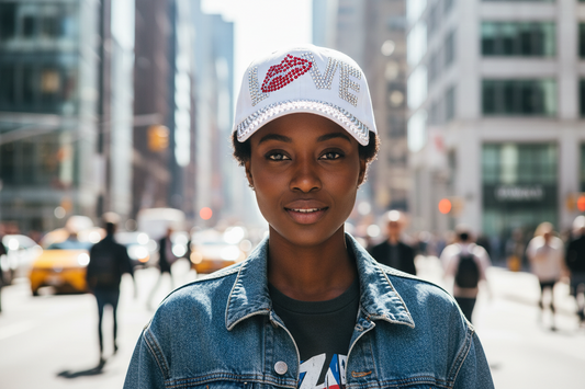 White cap with 'LOVE' text and red heart design on a white background