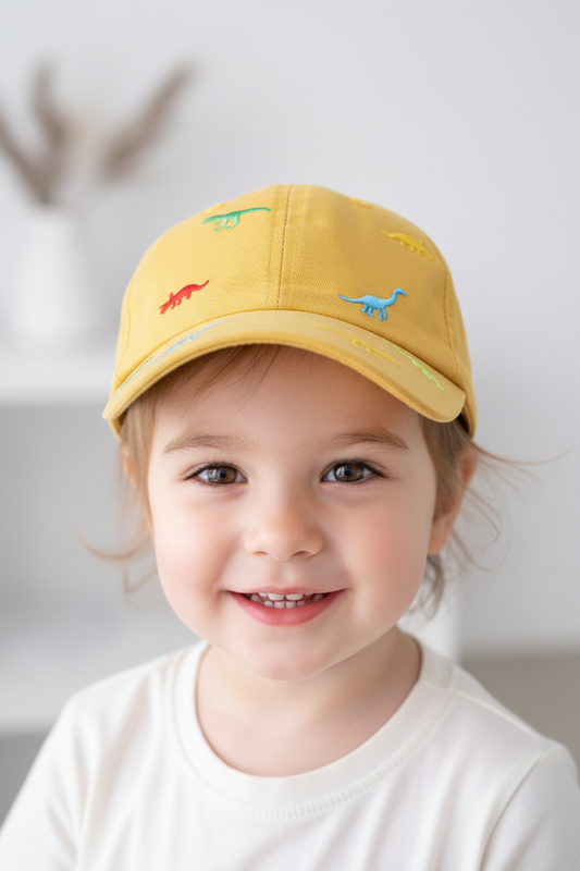 Assorted children's baseball hats with colorful dinosaur patterns, displayed in black, blue, pink, and yellow colors.