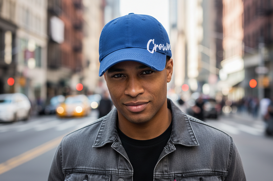 Blue cap with 'Crown' written on it against a white background