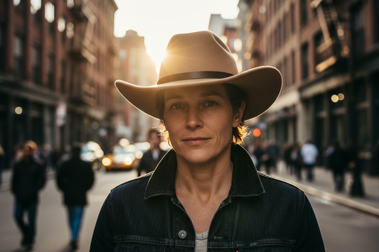 Brown cowboy hat with a black band on a white background