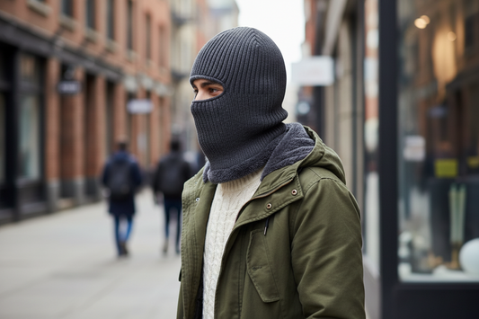 Dark gray knit balaclava on a wooden surface with a magazine underneath