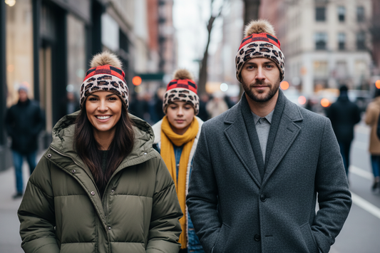 Two knitted hats, one with a red plaid pattern and the other with a leopard print pattern, each featuring a fur ball on top.