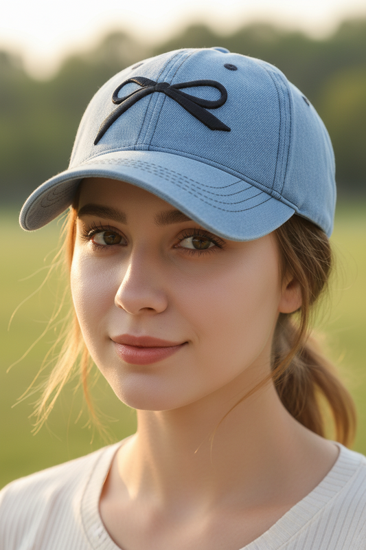 Light blue denim cap with a black bow design on a white background