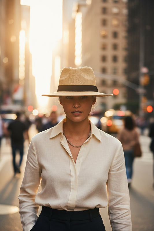 Beige straw hat with a black band on a white background