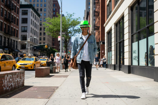 A collection of vintage style top hats in various fluorescent colors including red, yellow, blue, green, and purple.