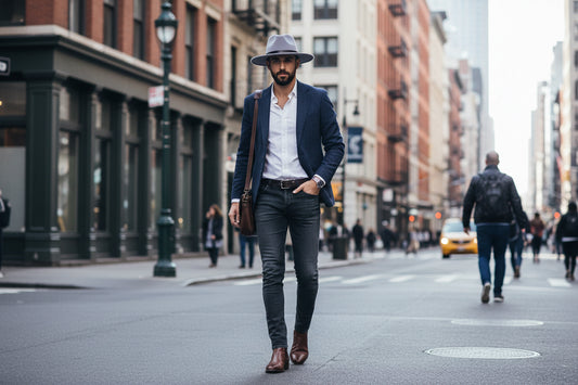 A gray felt fedora hat with a black band and a decorative metal buckle.