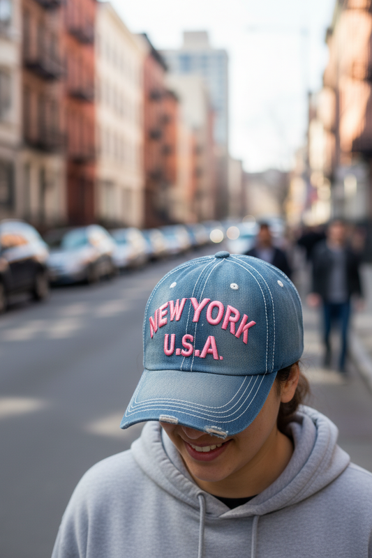 Blue denim cap with pink 'NEW YORK U.S.A.' text on a beige background