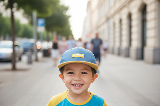 Assorted children's baseball caps in various colors including red, blue, yellow, black, orange, and brown, all featuring text embroidery on the front.