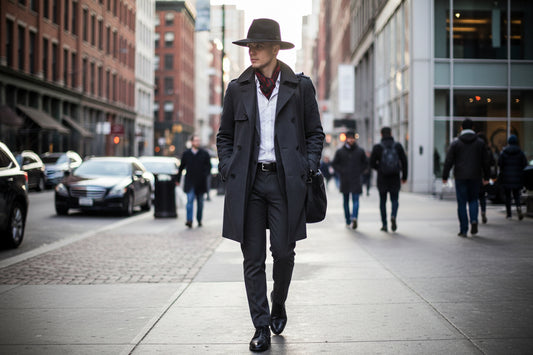 Black fedora hat with a wide brim on a white background