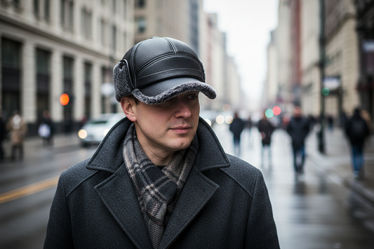 Black leather cap with fur trim on a white background