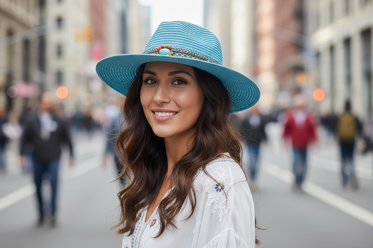 Blue straw hat with decorative band and tassels on a white background