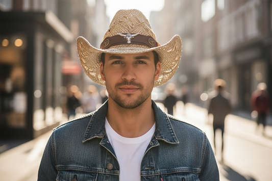 Woven straw cowboy hat with a brown band and decorative buckle on a white background