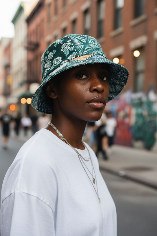 Bucket hat with green and white floral and geometric pattern on a white background