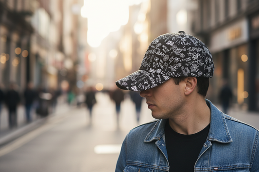 A black baseball cap with white embroidery featuring doodle-style drawings including a spider and the word 'SKULL'.