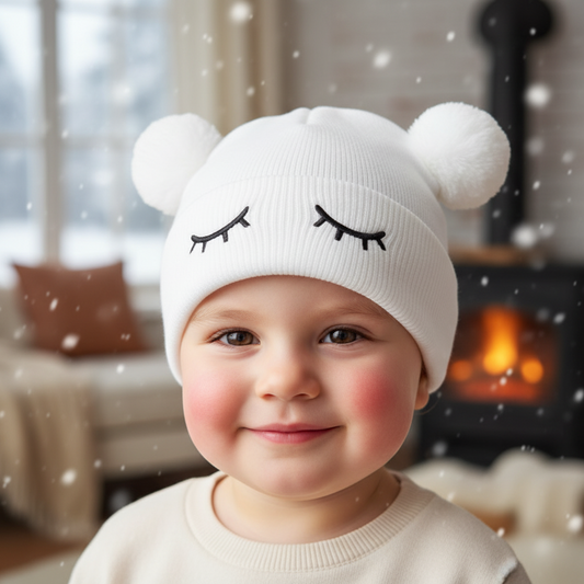 White knit beanie with pom-poms and sleep eye designs on a white background