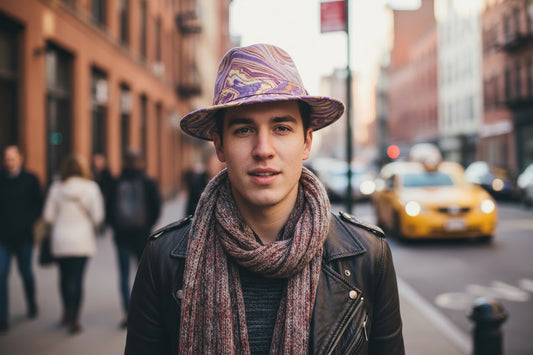 Marbled purple and gold hat on a white background
