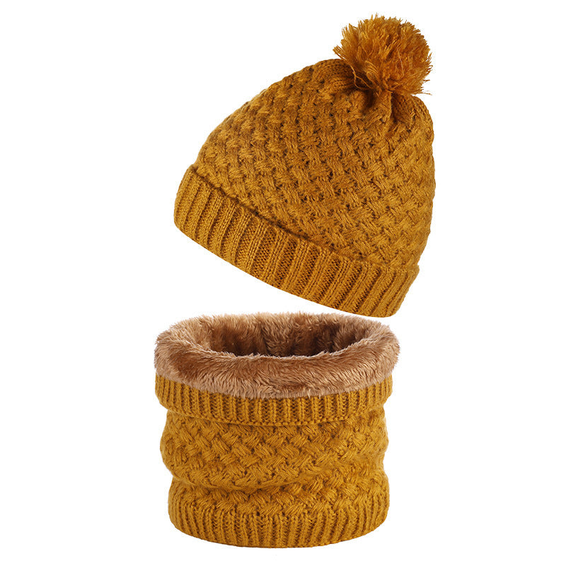 Plus Velvet Thick Knitted Fur Ball Hat Scarf Set Warm Wool Single