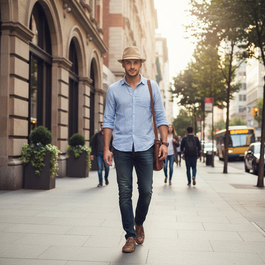 Brown woven hat with a strap on a textured surface