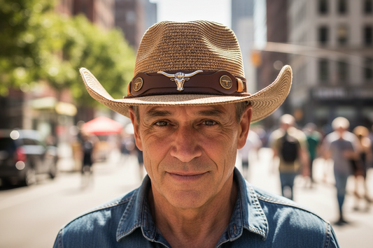 Brown cowboy hat with a leather band featuring a silver buckle on a white background