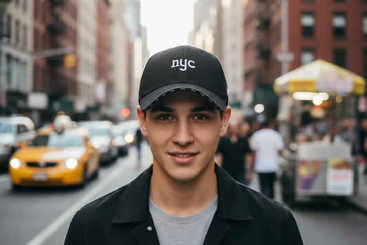 Black cap with 'nyc' embroidery on a white background