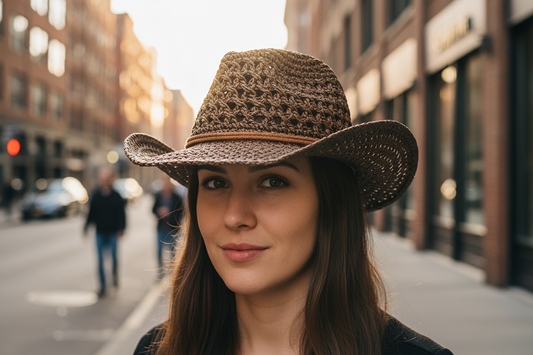 Brown straw hat with openwork design on a white background