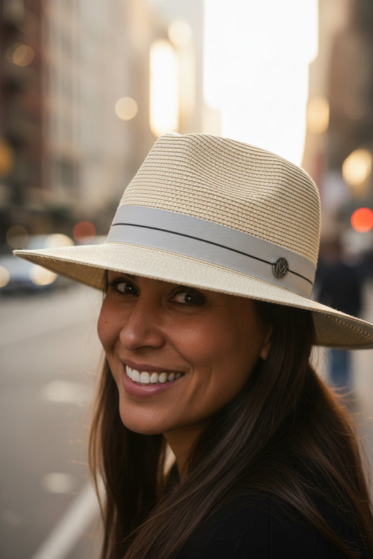 Beige straw hat with a gray band on a white surface