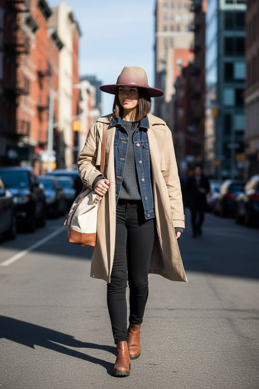 Beige hat with a purple brim and brown band on a white background