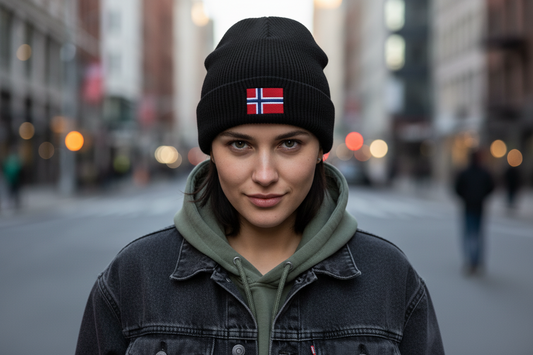 Black beanie with a red and white flag patch on a white background