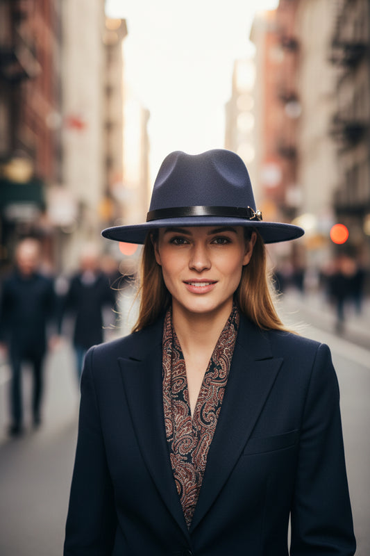 Dark gray fedora hat with a black band and gold buckle on a white background