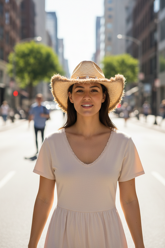 Woven straw hat with decorative band on a white surface with flowers in the background
