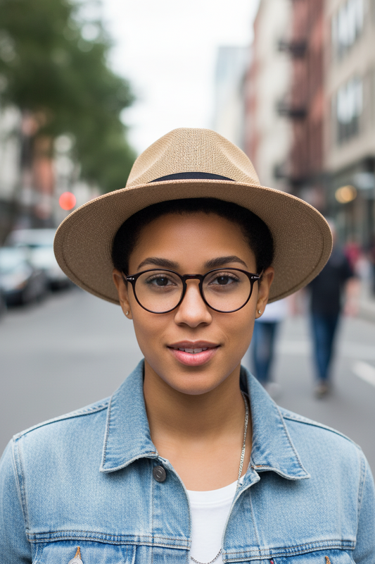 Beige straw hat with a black band on a white background