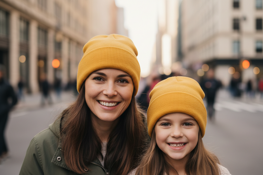 Two mustard yellow beanies on a white background