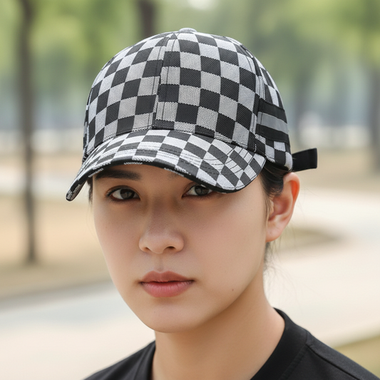 A plaid patterned baseball cap in beige and black colors with an adjustable strap.