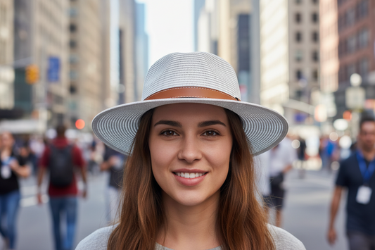 A white straw hat with a flat brim and a brown ribbon around the base. The hat features a wide brim and appears to be suitable for summer wear.
