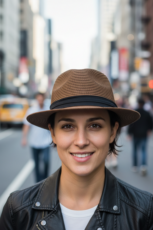 Brown straw hat with a black band on a white background