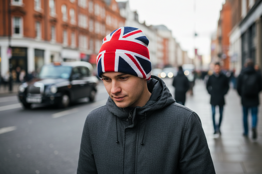 Knitted beanie with Union Jack design on a white background
