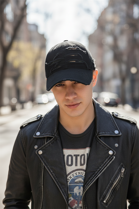 Black distressed baseball cap on a white surface with a neutral background