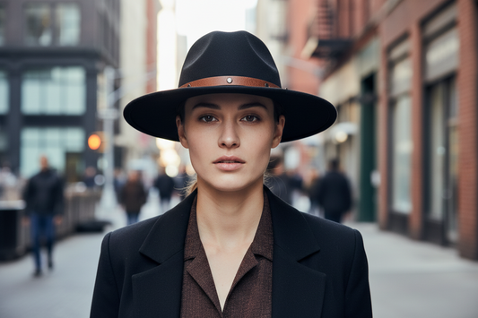 A black cowboy hat with a brown belt and metal buckle around the base.