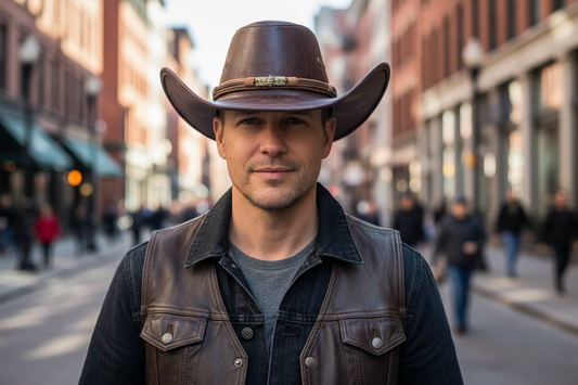 Brown leather cowboy hat with decorative band on a white background