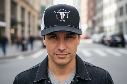 A collection of baseball caps in various colors, featuring a printed cow head design on the front.