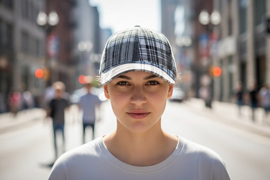 A black and white grid patterned baseball cap for women.