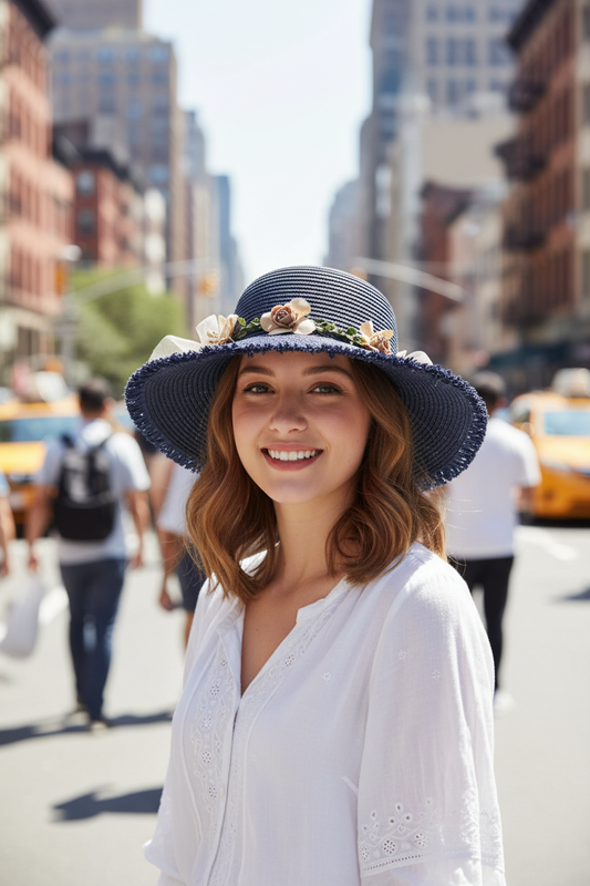 Navy blue straw hat with floral decorations on a white background