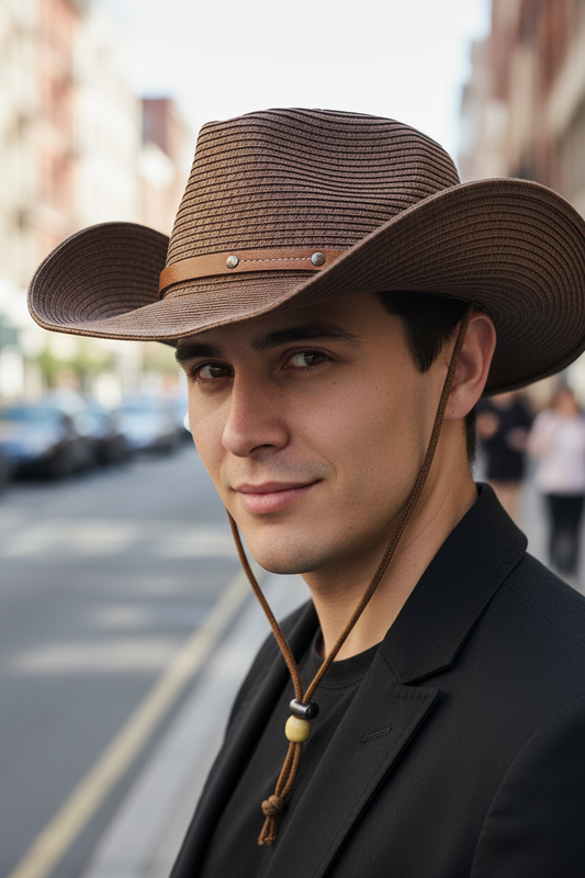 Brown cowboy hat with a leather band on a gray surface