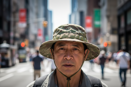 Camouflage bucket hat with chin strap on a white background